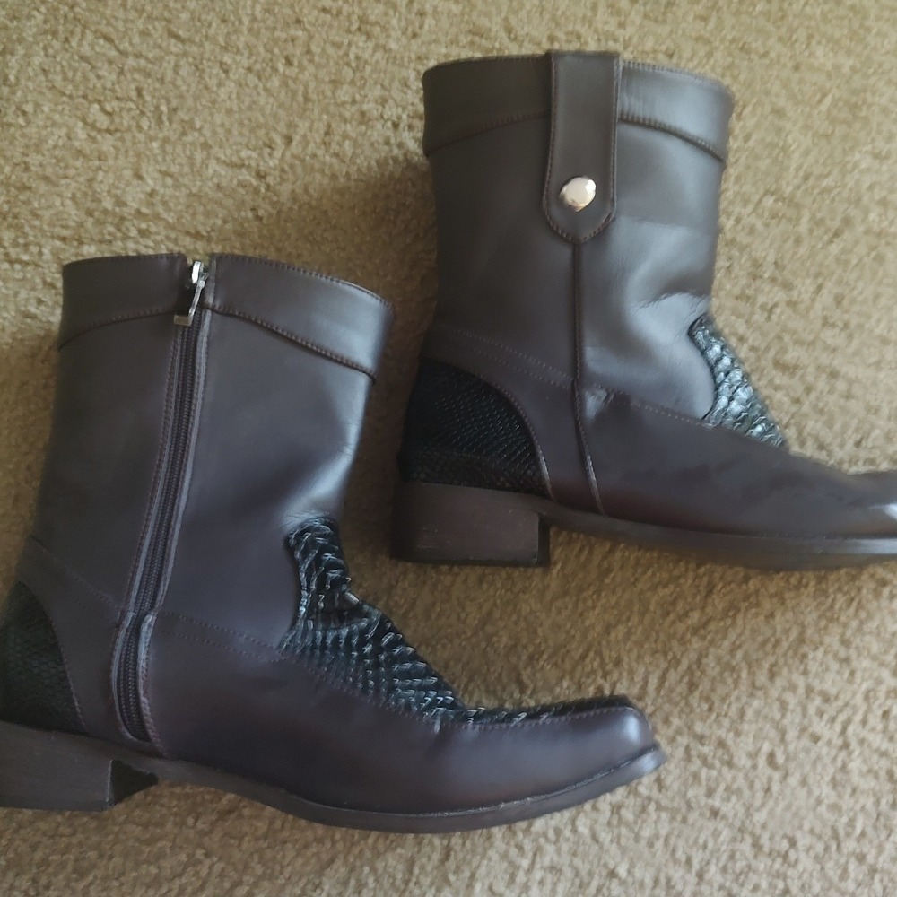 Dark Brown Faux Snakeskin Square Toe Mid-Calf Side Zip Moto Boots Size 44